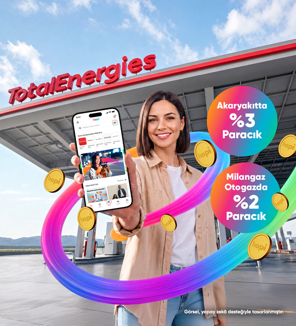 Club TotalEnergies üyeliğini Hopi'nle eşleştir. TotalEnergies istasyonlarında 1.500 TL ve üzeri akaryakıt alımlarında %3 Paracık, 700 TL ve üzeri Milangaz Otogaz alımlarında %2 Paracık kazan%3'e varan Paracık kazan -1